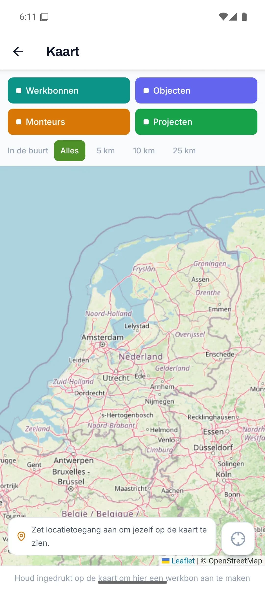 Kaart in de app met het filter in de buurt