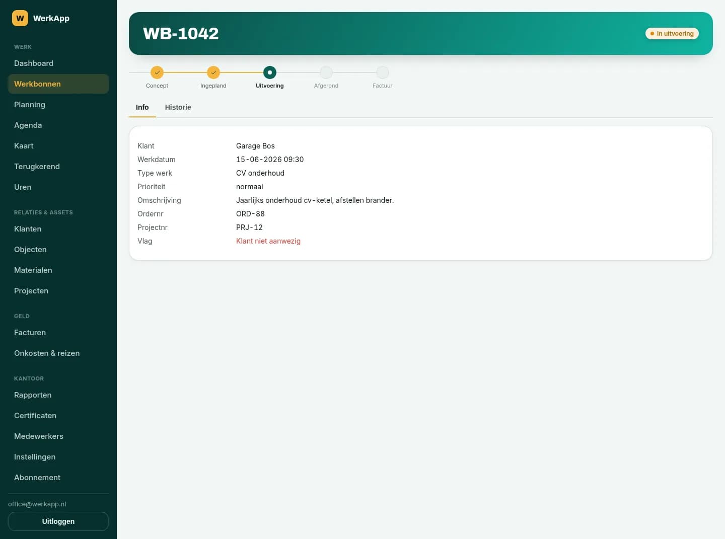 Werkbon in de backoffice met statusstappen van concept tot factuur