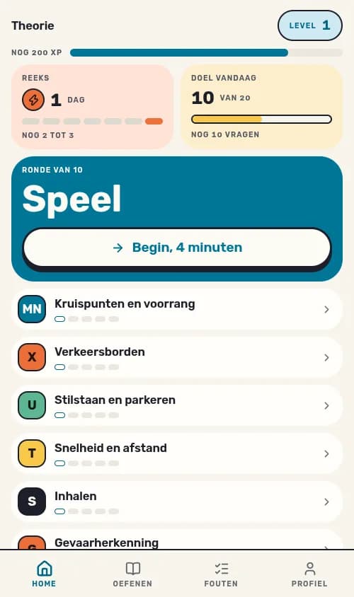 Home: level, reeks, dagdoel en de knop Speel