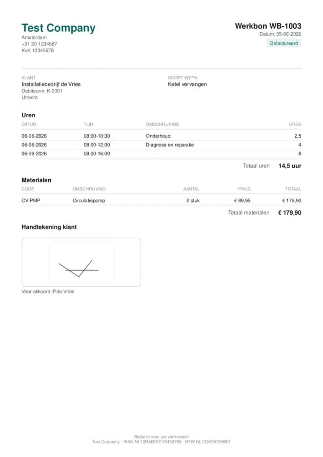 Gegenereerde werkbon-PDF met uren, materialen en handtekening