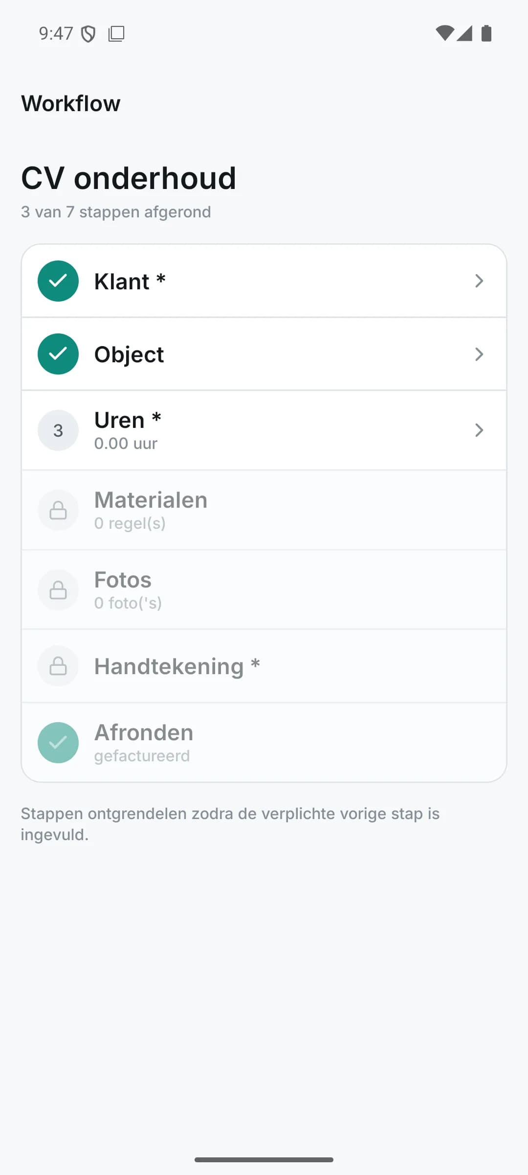 Stappenplan CV onderhoud, 3 van 7 stappen afgerond, volgende stappen vergrendeld